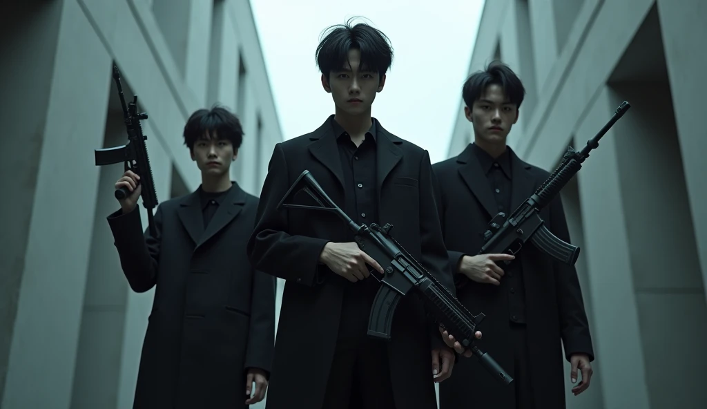 Shooting spree by three Japanese handsome male college students terrorists。Full body black。The clothes are black。Gloves are black。Everyone stands in the same position in a row。Don't blur the background。Everyone has their guns and rifles ready。
