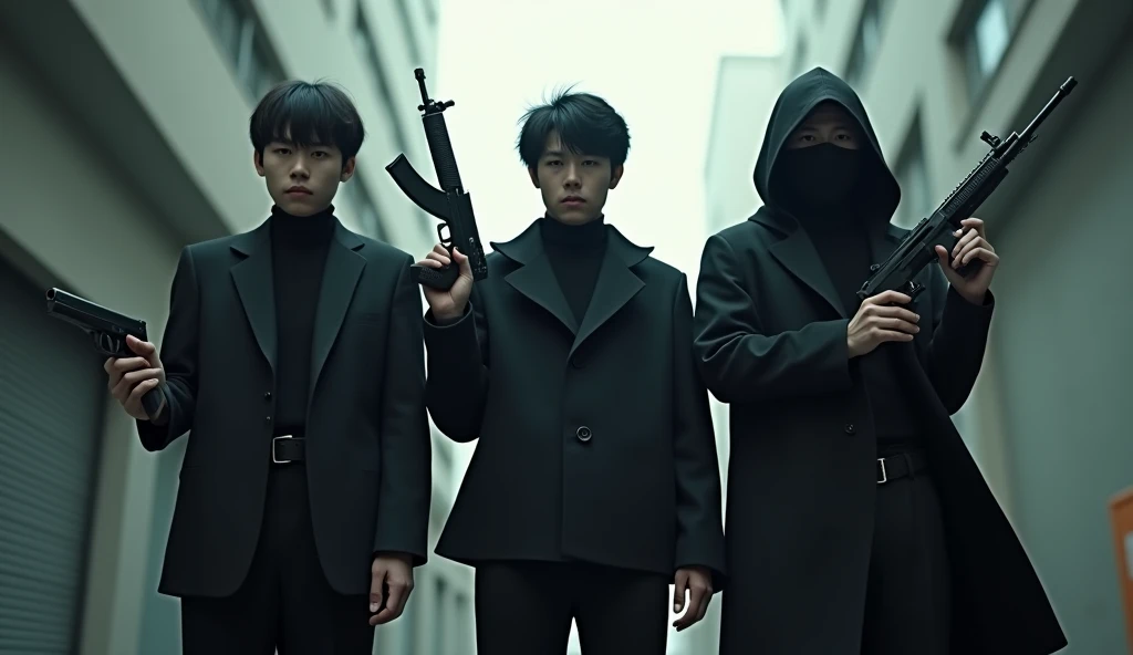 Shooting spree by three Japanese handsome male college students terrorists。Full body black。The clothes are black。Gloves are black。Everyone stands in the same position in a row。Don't blur the background。Everyone has their guns and rifles ready。