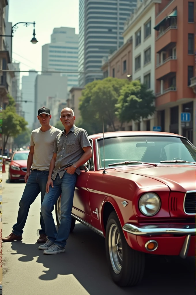 Ford Maverick fully exposed with a 2 white-skinned man leaning against the side of it in the city of São Paulo
