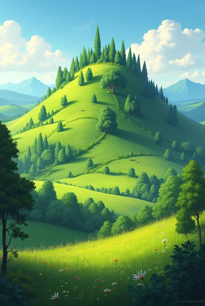 Create the image of a hill with vegetation around it to draw
