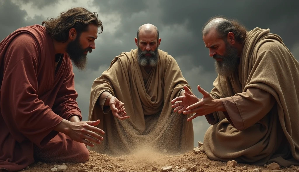 "Crie uma imagem que represente a cena bíblica de Good 2:12, onde os três amigos de Good, Eliphaz, Formed by Zofar, when seeing him from a distance, they can barely recognize him due to his state of suffering. Show friends in the foreground, with expressions of shock, grief and despair. They are crying out loud, with tears streaming down their faces, as they tear their cloaks in mourning and pain. In a traditional gesture of mourning, are spreading dust over their heads. Good, in background whith, is sitting on the floor, covered in wounds and sores, almost unrecognizable. The scene is desolate, with a gloomy sky and dark clouds, reflecting the gravity of the moment. A imagem deve capturar a intensidade emocional do encontro e a profunda solidariedade dos amigos diante do sofrimento de Good." jo and a man with a shaved head