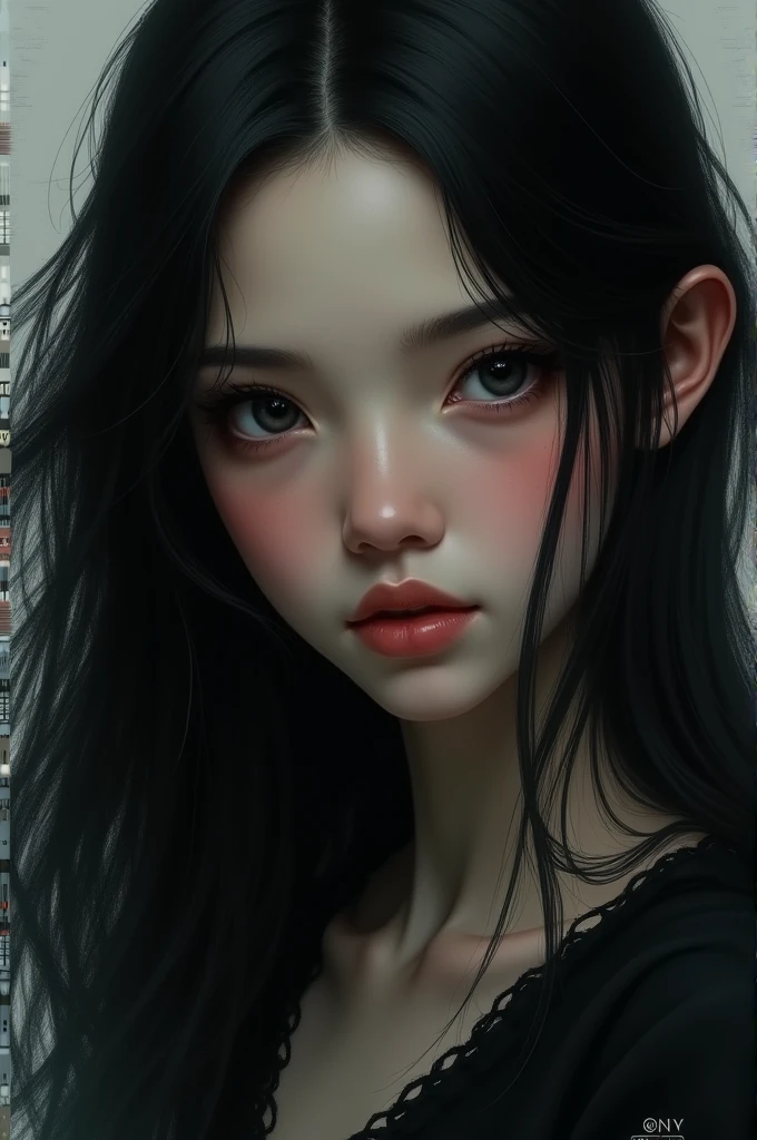 Create for me a 1 girl with long wavy black hair black eyes Black, slightly plump lips