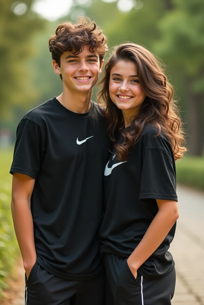 Brunette agers with wavy hair, black nike shirt, light black pants barefoot