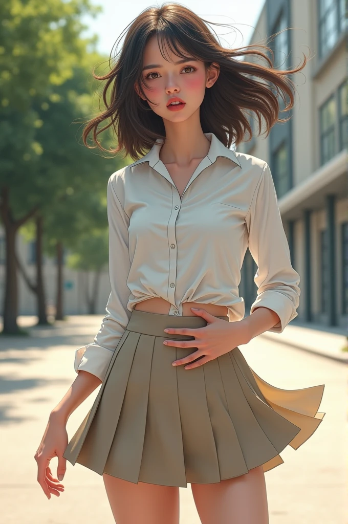 farting, blush, show panty, float skirt by her fart, masterpiece, hip, hoshino
white shirt, pleated skirt, hold the ass, windy, surprised face, embarrassed, open mouth, at the school yard, jet fart, white underwear