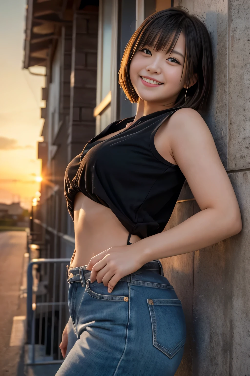 highest quality, masterpiece, Ultra-high resolution, (Reality: 1.4), Original photo, 1 woman, mature, happy smile, short hair, plump body, , Cinema Lighting, from below, ゆったりとしたライトブルーのワイシャツ, sunset, cowboy shot、High school girls after school,