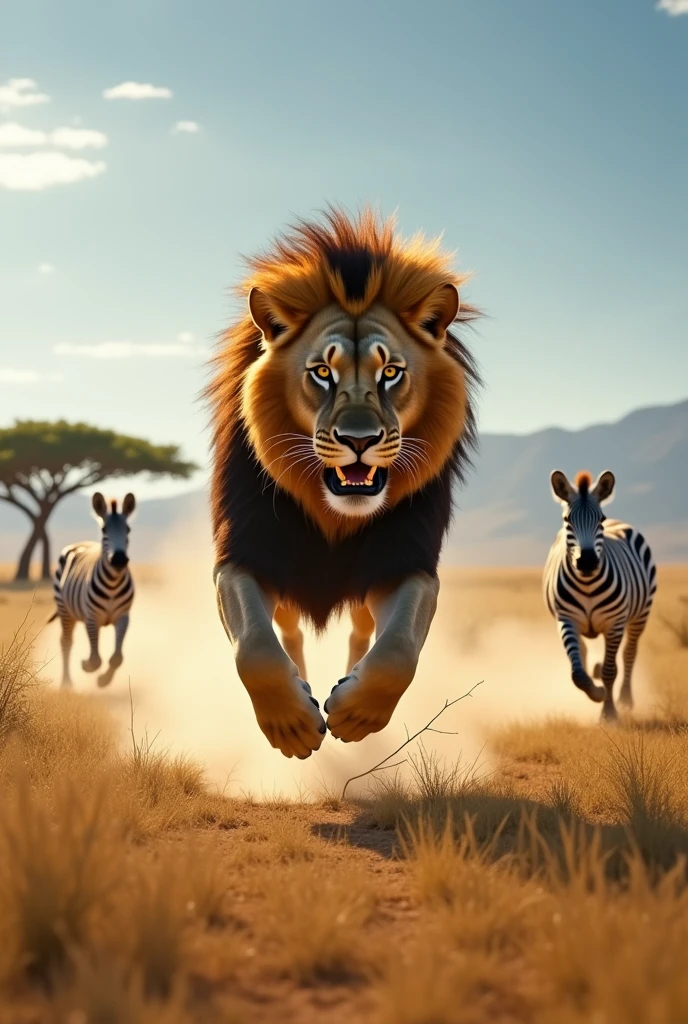 "(Ultra-realistic, high definition: 1.4), (4K, 8K, High resolution), (Best quality, masterpiece), (photo-realism: 1.5), sharp focus, intricate details, vivid and natural colors, deep contrast, cinematic depth of field, (National Geographic style). A powerful lion in mid-action, leaping towards a herd of zebras in the African savanna during a high-speed chase. The lion's muscles are tense and clearly defined, its mane flowing wildly as it sprints with intense focus. The zebras are fleeing, their black and white stripes creating a dynamic contrast with the golden grass. Dust is kicked up from the ground, adding motion and energy to the scene. The background features the expansive savanna under a bright blue sky, with scattered acacia trees and distant mountains. The composition captures the raw intensity and drama of a predator in pursuit of its prey, with a strong sense of movement and urgency."