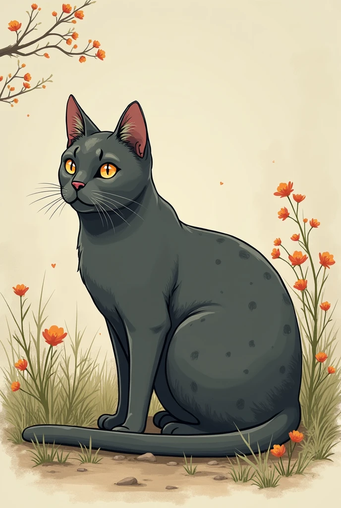 I want a mobile wallpaper that has a dark grey cat with small beige spots on its face, I would like the background to be something that reflects peace, I would like the drawing style to be like Studio Ghibli, I want the drawings to be detailed, the strokes and that when you see it, it reflects nostalgia. I would like the image to have a more adult style, not so . The cat should be seen in full length and in proportion to the background.. that the cat is smaller, that occupies one eighth of the image, so that the background is more visible.