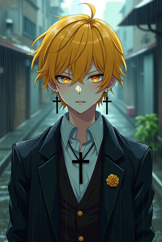 An anime style man with yellow hair and orange hunter eyes and pale skin color and tall with a formal outfit with black cross earrings and a cross necklace wet in the rain 