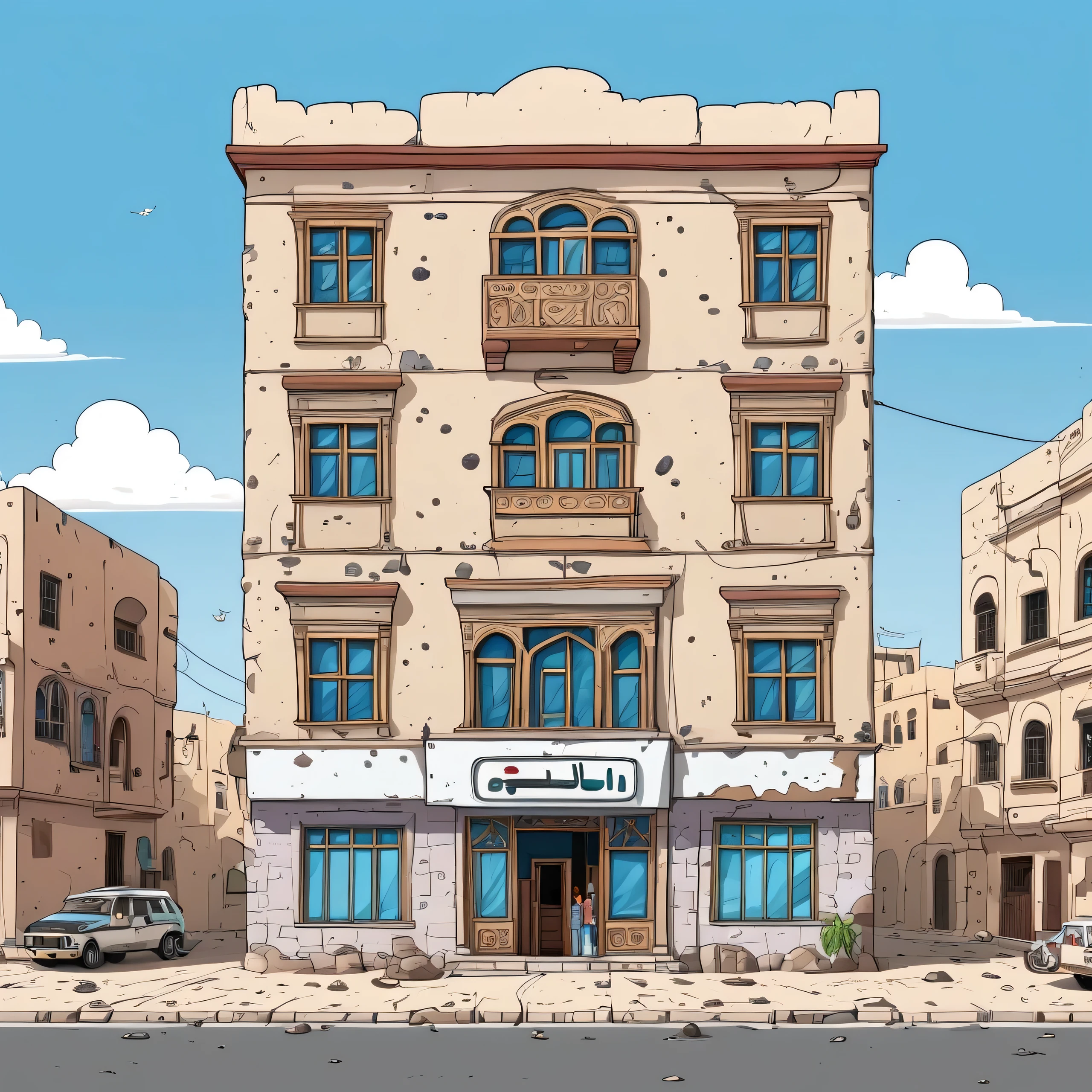 Front view of bulding in yemen, cartoon, 2d, the family guy style