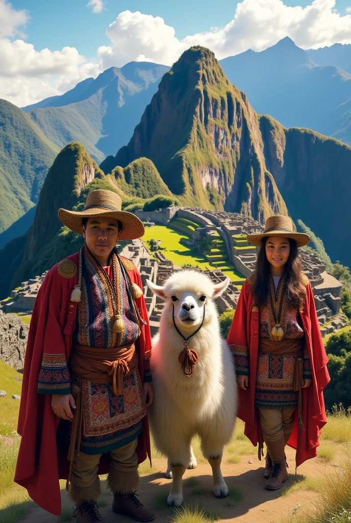 Incas et lamas en tenu traditionel peruvienne devant macchu picchu