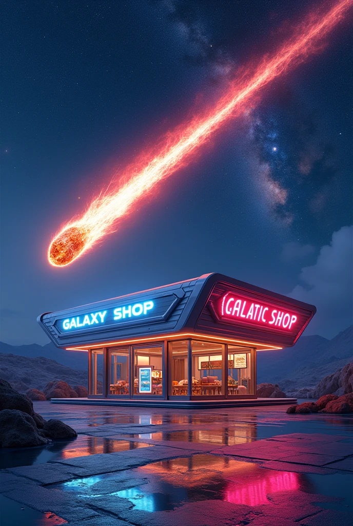 A store called Galaxy Shop in the middle of a galaxy and a meteor passing in the background, the meteor being medium sized and a little out of focus but with vibrant and striking colors 