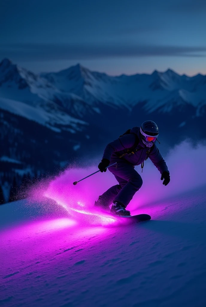 A snowboarder is riding down the slope and his snowboard has purple LEDs on the board and you have a view of the mountains and it is night 