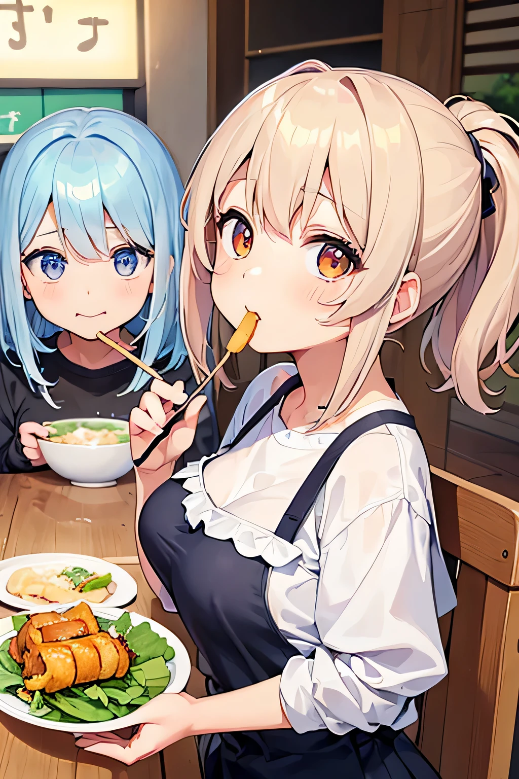 Highest quality、High resolution、Detailed Background、(Beautiful face in every detail:1.4)、Anatomically correct、Normal number of fingers、(Detailed eyes)、 anime beauties、(Huge breasts:1.2)、Light color hair、Bobcut、ponytail、well-groomed eyebrows、Perfect body line、Cute gestures、Food Festivals、
(Two beauties enjoying the Food Festivals:1.5)、(Two beautiful women eating various dishes:1.5)、
Food Festivals are held in parks, event spaces, outdoor venues, and other locations that require a lot of space.、Sometimes it is held in urban areas or tourist spots.、You can enjoy a variety of cuisines、cute