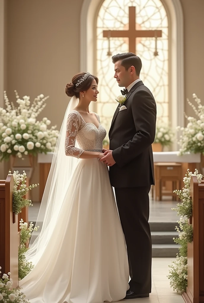 Simple church decorated with short dress and white flowers for wedding Bride&#39;s dress with lace sleeves and sparkle with sweetheart neckline and toothpick groom 

