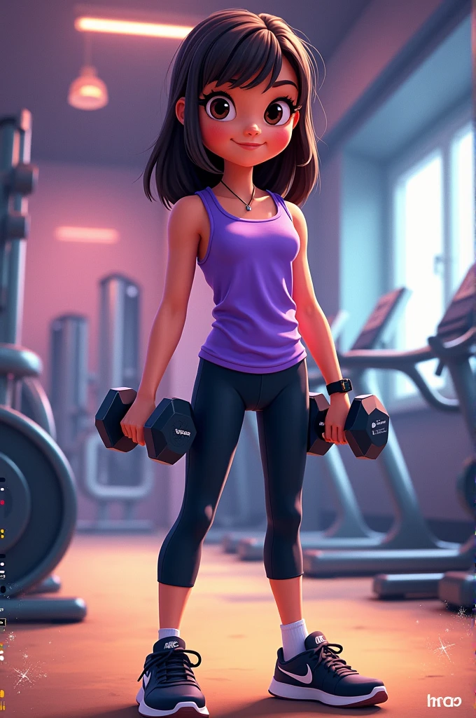 Disney-style poster with a girl in the gym, straight hair and dark brown color, dressed in a purple sports blouse and black sports leggings that reach before the ankle, black nike brand tennis shoes, dumbbells in hands
