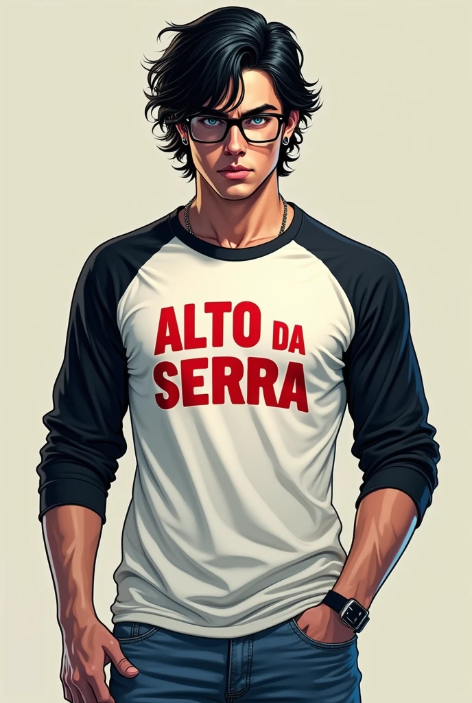 DC Comics style image, Man 20 years old, medium length messy black hair with blue eyes wearing glasses serious masculine face and an eyebrow piercing, defined body with a white shirt with black sleeves with Alto Da Serra written in red, wearing jeans