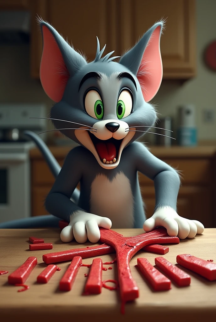 Tom (from Tom and Jerry) cat cutting his own long tail into slices, shocked expression, realistic, long sliced tail, long sliced tail on the counter