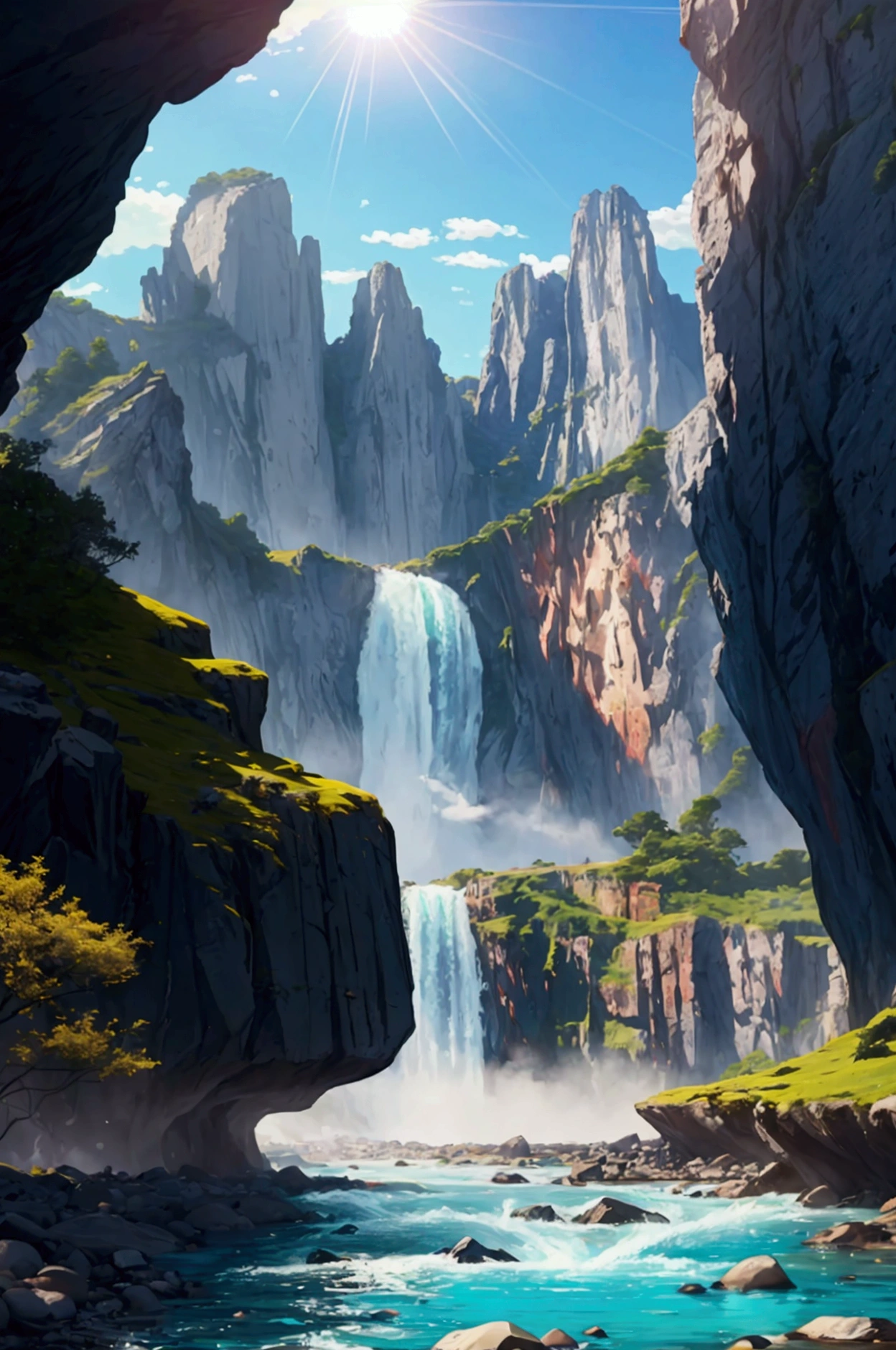 A rushing river leading to an unprecedented lake, azure and beautiful, the sun pouring down, towering rock faces looming on both banks, inhospitable, full of nature, the best image quality