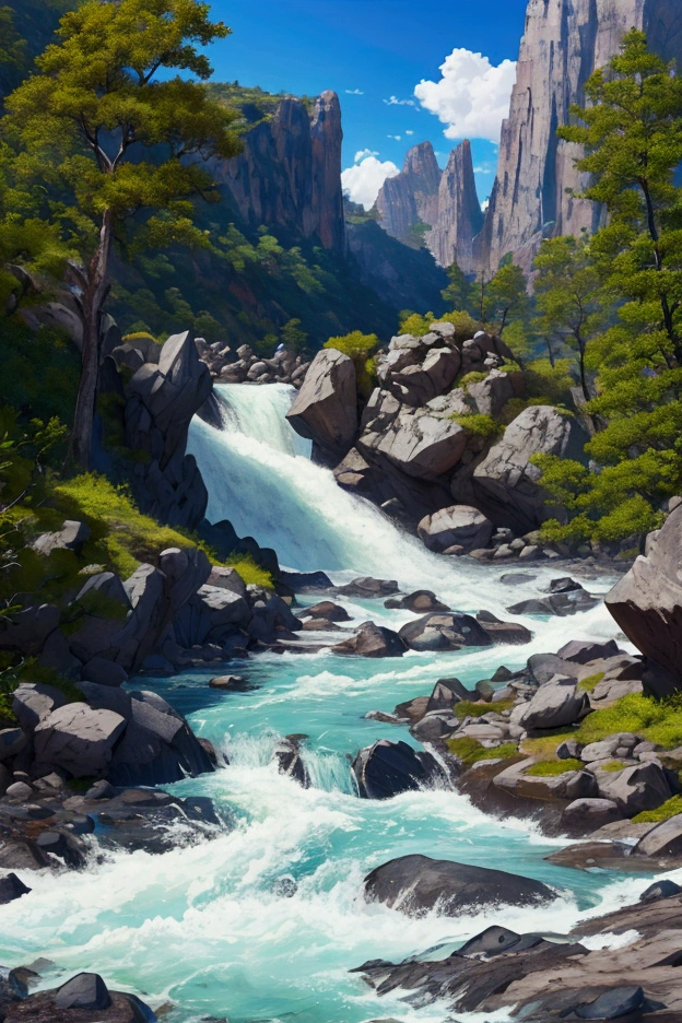 A rushing river leading to an unprecedented lake, azure and beautiful, the sun pouring down, towering rock faces looming on both banks, inhospitable, full of nature, the best image quality