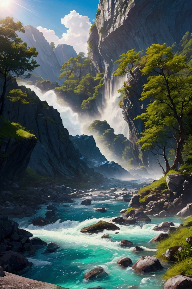 A rushing river leading to an unprecedented lake, azure and beautiful, the sun pouring down, towering rock faces looming on both banks, inhospitable, full of nature, the best image quality