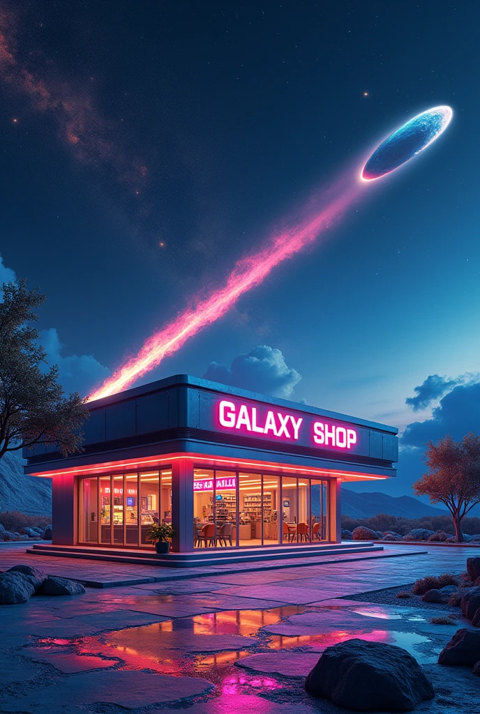 A store called Galaxy Shop in the middle of a galaxy and a meteor passing in the background, the meteor being medium sized and a little out of focus but with vibrant and striking colors