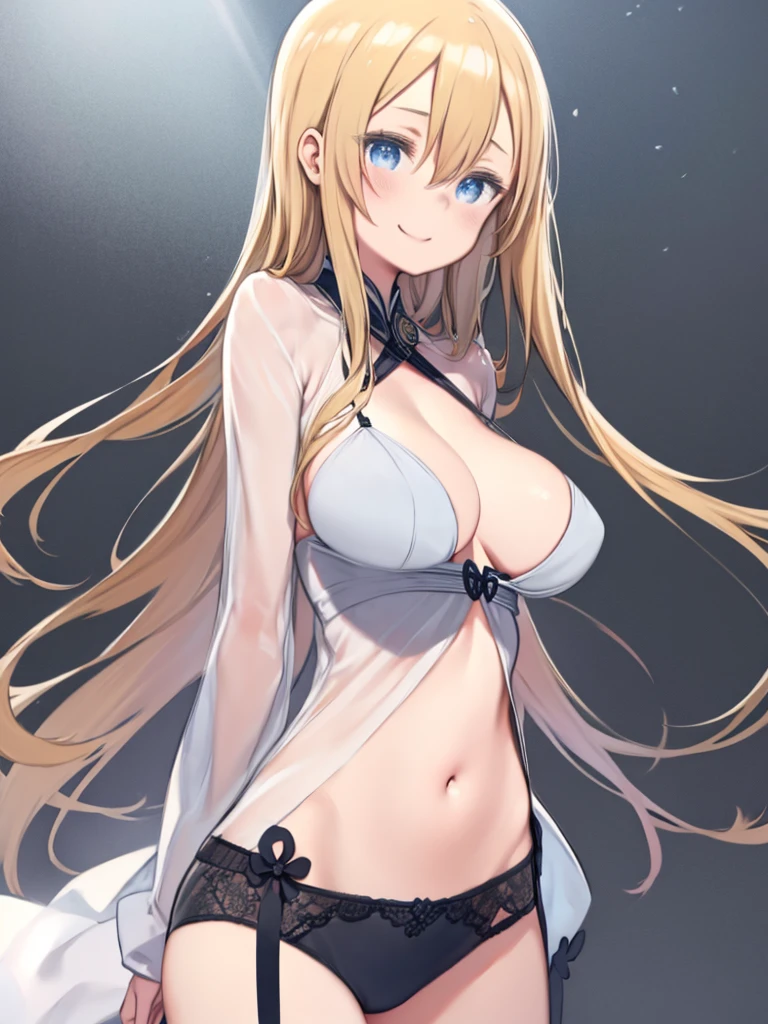 One Girl、Upper Body、Blonde Hair、Hair between the eyes、long hair、Blue Eyes、(Big Breasts、Huge breasts)、Tight waist、belly button、In underwear、Lingerie、Cleavage、Cleavage、Hair blowing in the wind、blush、Smiling、Are standing、Simple Background、Angle from below、Touching your hair、Elbows at face height、Photographed from an angle、Gravure idol pose、sexy、lure、
