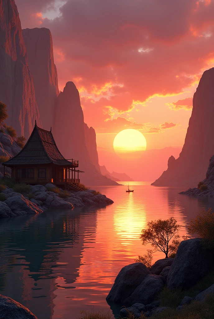 A stunning landscape of the African wilderness, a beautiful sunrise over a tranquil lake, an African hut on one side of the scene, dramatic cinematic lighting, majestic rock formations, no animals or evil, stunning view, extreme detail, (best quality, 4k, 8k, high definition, masterpiece: 1.2), extreme detail, (realistic, realistic, photorealistic: 1.37), dramatic lighting, cinematic composition Pixar style close to the Lion King animation The land area is larger than the lake Trees and rocks Attention to precise theatrical perspective High quality on the scale of theatrical design Clear details Greek character dominates the place, D&D game.