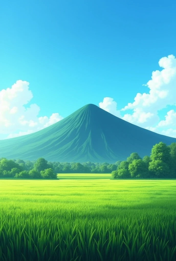 Create an image showing a serene and sunny rural landscape. In the foreground there is a large crop field., covered by lush green vegetation that suggests it is a cereal in the growing stage. The field stretches to the horizon, where a conical mountain stands imposingly.
The mountain, which occupies most of the background of the image, presents a dark silhouette against a clear blue sky with some wispy clouds. Its top is rounded and smooth., which gives it a majestic and peaceful appearance. The contrast between the intense green of the field and the blue of the sky creates a composition