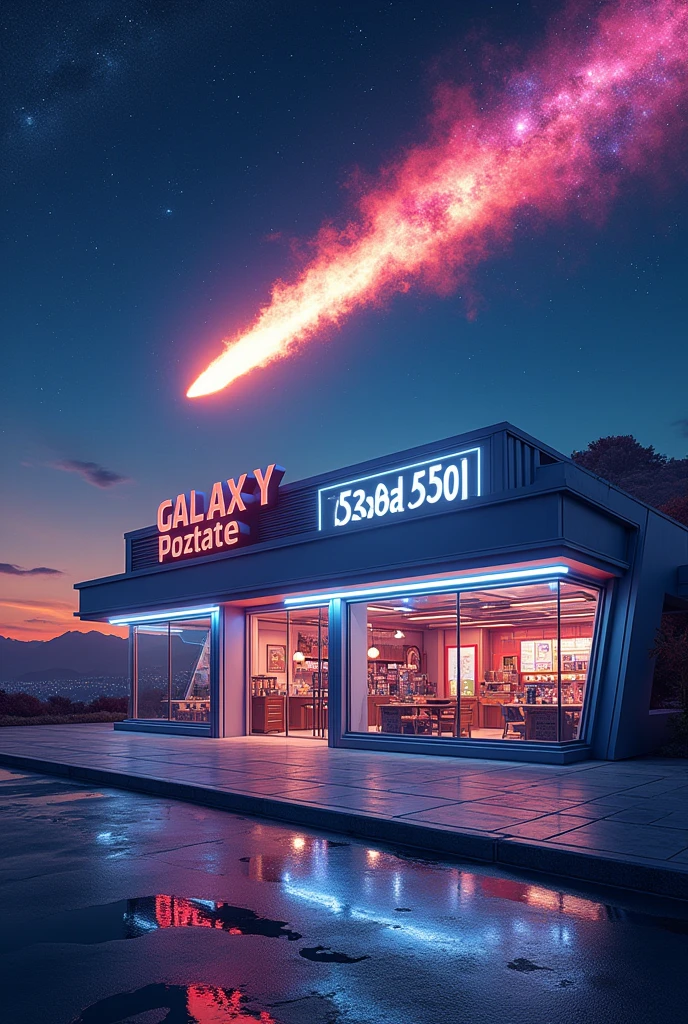 A store called Galaxy Shop in the middle of a galaxy and a meteor passing in the background, the meteor being medium sized and a little out of focus but with vibrant and striking colors