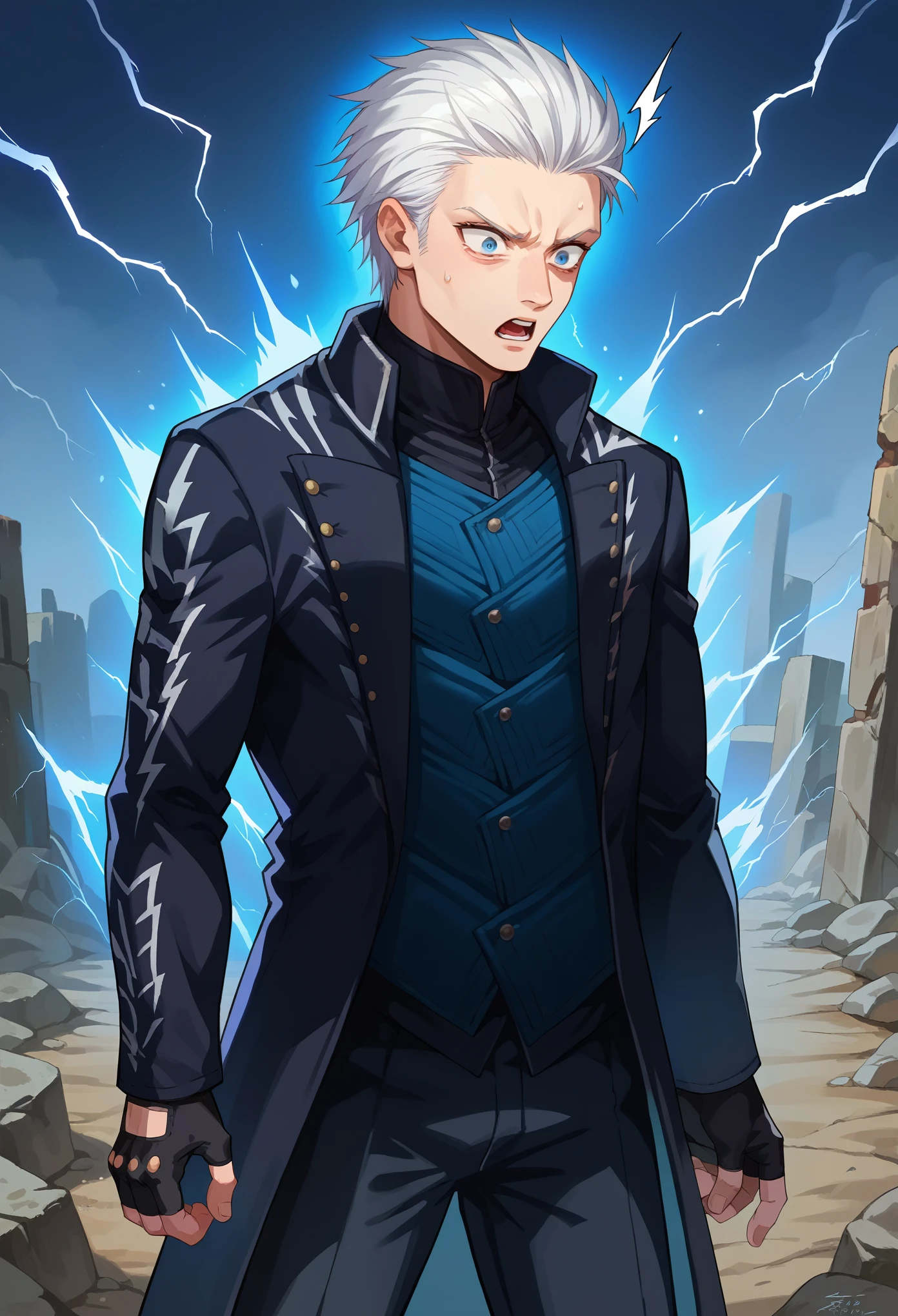 score_9, score_8_up, score_7_up, source_anime, 1boy, solo, dmc5vergil, small breasts, white hair, medium hair,  blue eyes, black coat, fingerless gloves, pants, standing, surprised face, looking at down, blue aura, lightning, wasteland, gray landscape, desolated, gray plain,