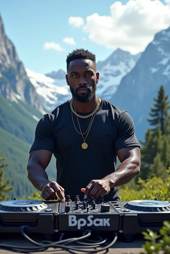 Hot black guy with blue eyes as a dj on the mountains