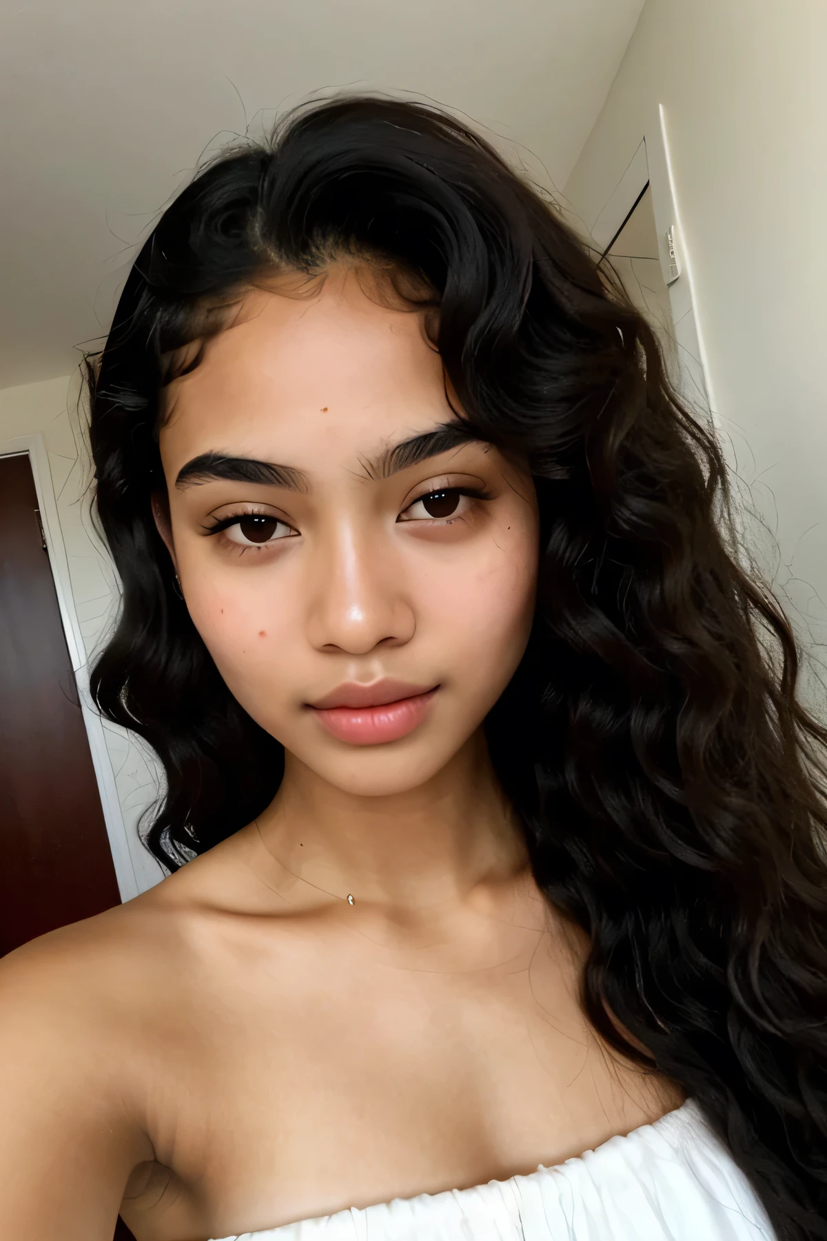 Wet and long afro hair, small, black eyes, female, thin eyebrows, elegant, round face, soft feminine features, rosy cheeks, plump lips, Beauty marks, black skin, elegant, glam makeup, timeline: 2001, majestic, beautiful, , designer clothing, selfie like, ager, 