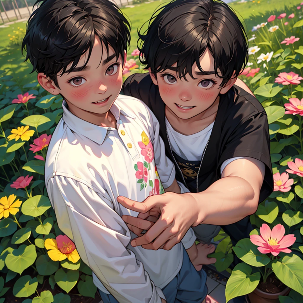 boy, masculine, child, kid, , cute boy, garden, in garden, black hair, black haired child, blush cheeks, cute, perfect face, taned skin, small eyes, cute nose, pink nose, toothy, white tooths, smile boy, singing, all in garden, no extra limbs, no extra arms, no extra legs, no extra fingers, 1930 clothes, old clothes, retro clothes, orphanage scenario, Jungkook apareance, Idol apareance, BTS member apareance, child Jungkook apareance, smelling a flower