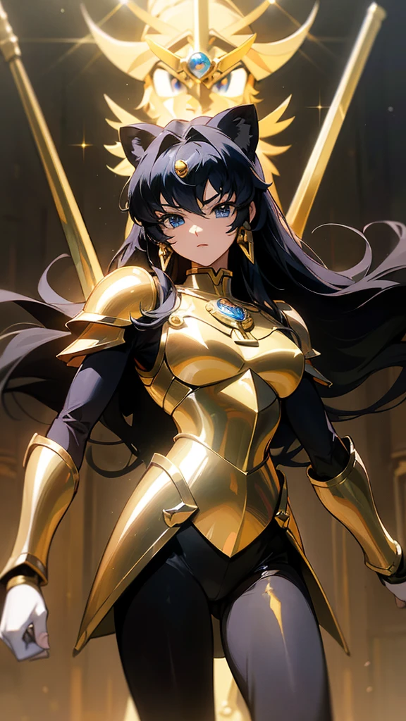 work of art, high resolution,best qualityer, Girl dressed in the golden armor of Sagittarius, from the knights of the zodiac saint seiya, Knights of the Zodiac, black hair, blue colored eyes, black shiny leggings, golden armour, Sagittarius, Virgem, Lion , Knights of the Zodiac