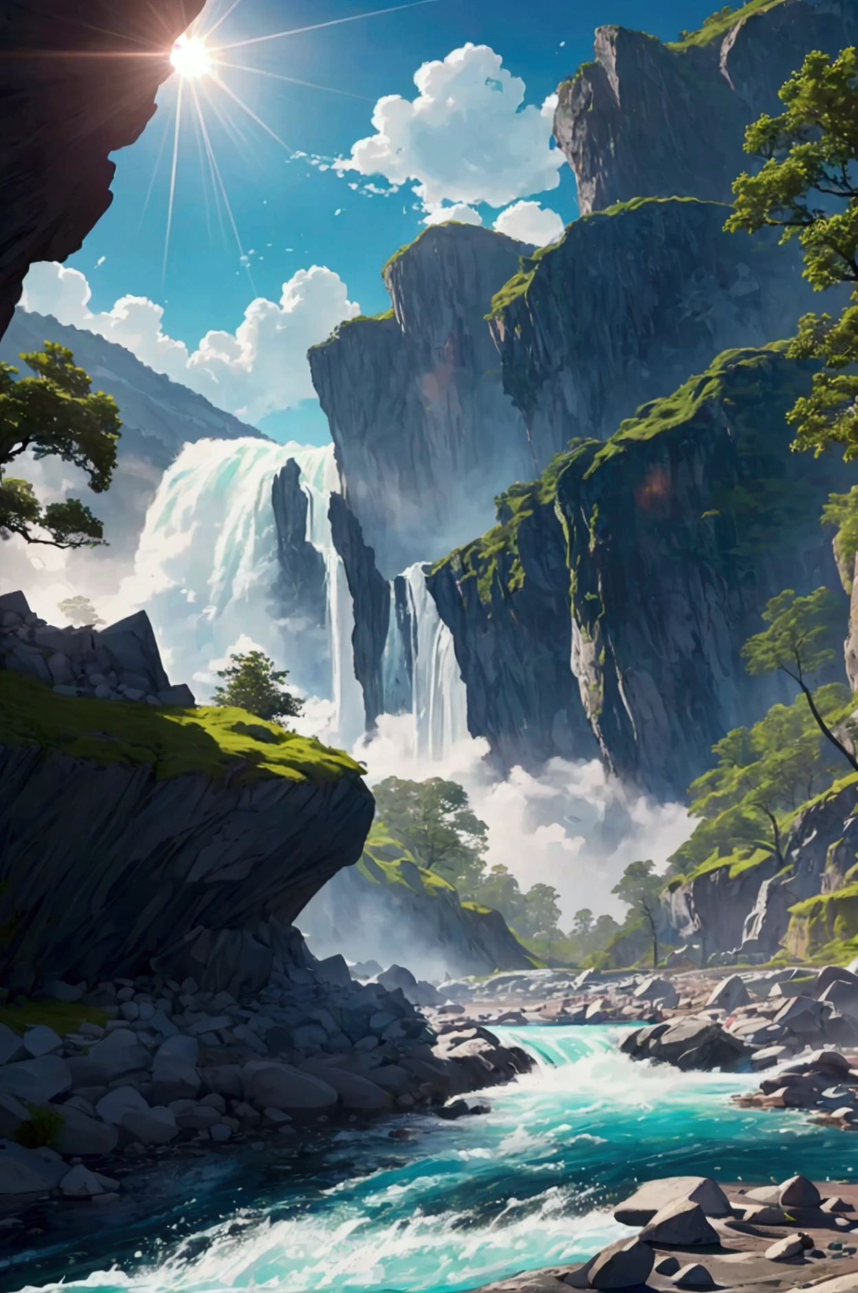 A rushing river leading to an unprecedented lake, azure and beautiful, the sun pouring down, towering rock faces looming on both banks, inhospitable, full of nature, the best image quality