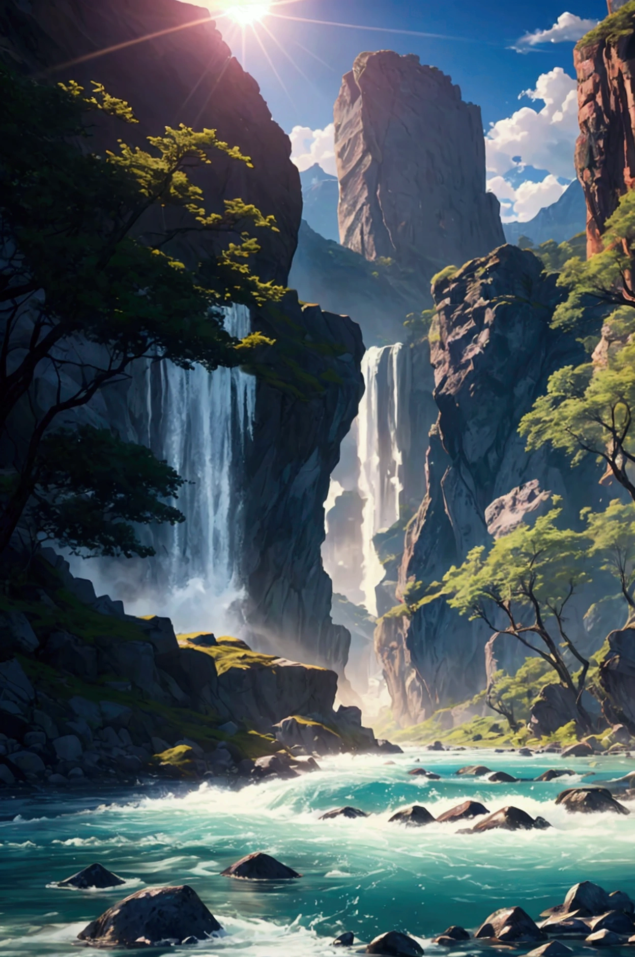 A rushing river leading to an unprecedented lake, azure and beautiful, the sun pouring down, towering rock faces looming on both banks, inhospitable, full of nature, the best image quality