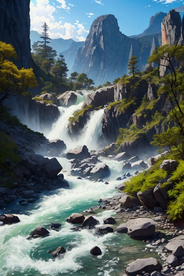 A rushing river leading to an unprecedented lake, azure and beautiful, the sun pouring down, towering rock faces looming on both banks, inhospitable, full of nature, the best image quality