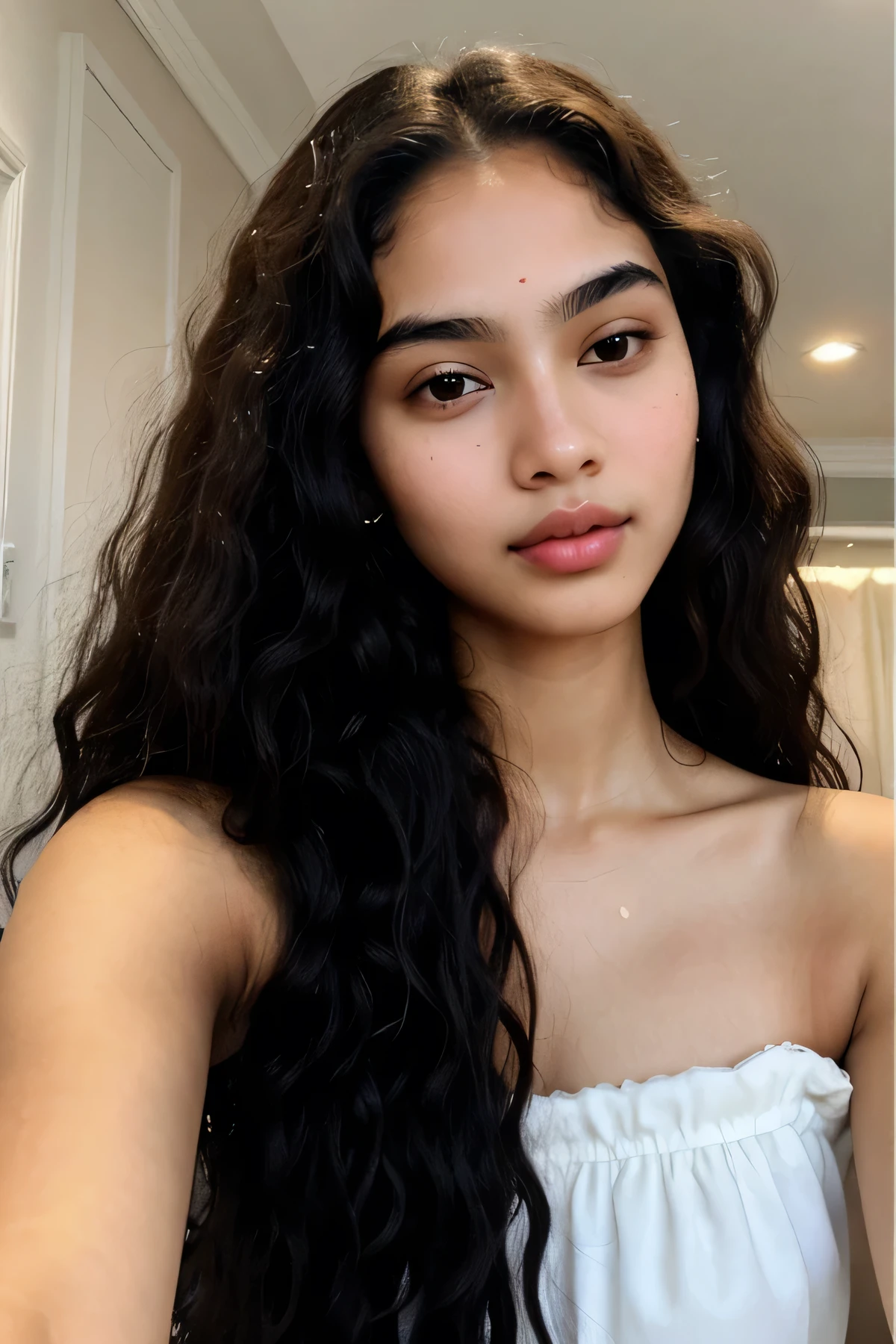 Wet and long afro hair, small, black eyes, female, thin eyebrows, elegant, round face, soft feminine features, rosy cheeks, plump lips, Beauty marks, black skin, elegant, glam makeup, timeline: 2001, majestic, beautiful, , designer clothing, selfie like, ager,