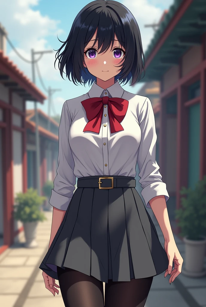 ((best quality)), ((very detailed)), masterpiece, , (1 girl), perspective distortion, cowboy shot, ((general shot)), Rukia, black hair, short hair, hair between the eyes, purple eyes, , White collared shirt, red bow tie, grey pleated skirt, stockings, shoes, (Outside, black thighs, medium breasts