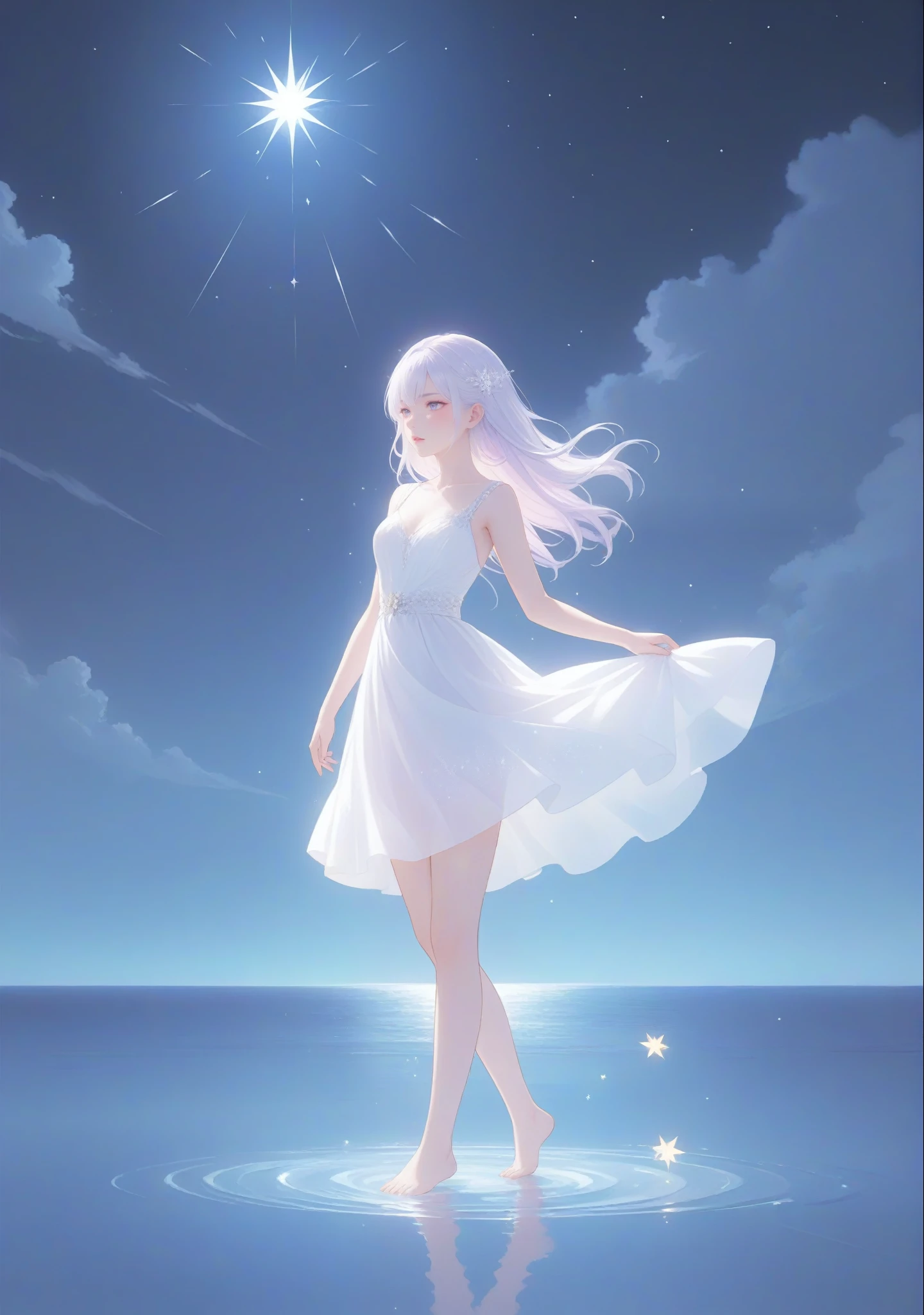 A girl standing alone under the starry night sky, with her silhouette illuminated by the soft moonlight and twinkling stars. Her face is beautifully detailed, with mesmerizing eyes that seem to reflect the universe itself, long and fluttering eyelashes, and exquisitely defined lips. She is dressed in an elegant gown, flowing and ethereal, embracing her figure gracefully as it glimmers with a subtle celestial glow. The intricate details of her dress catch the faint starlight, creating a mesmerizing sparkle. The surrounding landscape showcases a serene ocean. The air is filled with a gentle breeze, causing the fabric to sway delicately. The is bathed in a warm, dreamy color palette, with hues of deep blues, purples, and hints of silver. The atmosphere is calm and tranquil, evoking a sense of peace and serenity. The artwork is of the highest quality, meticulously created with ultra-detailed brushstrokes and precise attention to every element. The texture and depth of the painting are breathtaking, with a sense of realism and photorealism that captures the awe-inspiring beauty of the night sky. The lighting is soft and diffused, casting a gentle glow over the entire scene, enhancing the magical ambiance. The girl's presence radiates a sense of mystery and wonder, as if she holds a secret connected to the celestial beings above. The overall composition evokes a feeling of timelessness and captures the essence of a StarSign, an artwork that embodies the celestial beauty and inner strength of a girl in harmony with the stars. Barefoot,walking on water