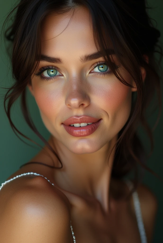A beautiful French fashion model with heterochromia、His right eye is blue and his left eye is emerald.、In a sexy pose、With a seductive smile、Looking at me provocatively