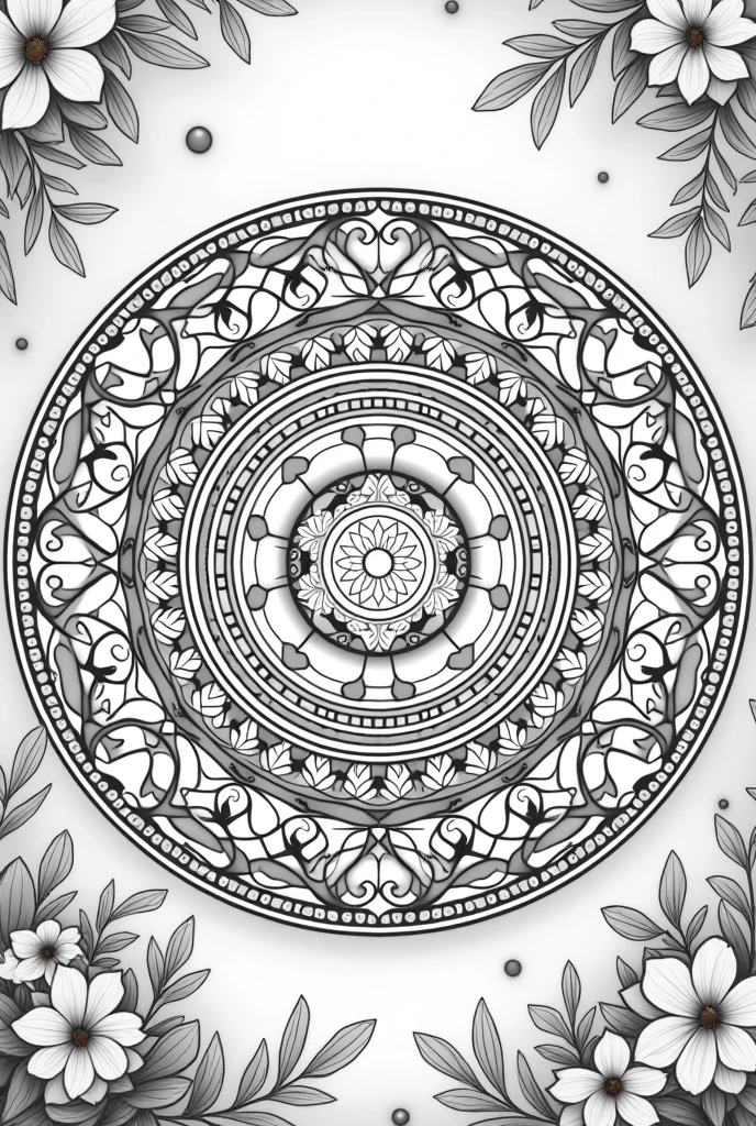 Draw a circular mandala with intricate and symmetrical patterns. Use soft and harmonious colors inspired by nature. The center of the mandala should represent spirituality and balance. Include details like leaves, flowers, and gentle curves. The image should be ornamental and inviting for coloring