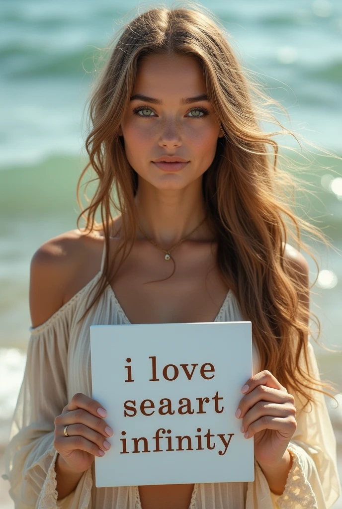 Beautiful girl with wavy long hair, bohemian dress, holding a white board with text "I Love Seaart Infinity" and showing it to the viewer