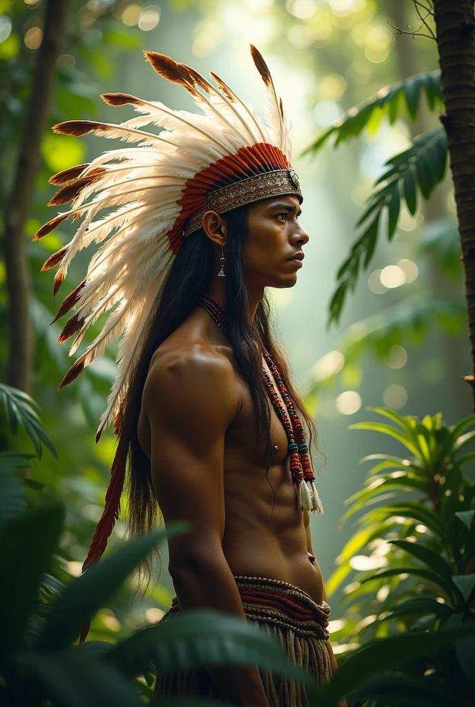 Young indigenous man stands in a dense, tropical forest surrounded by plants. He wears an elaborate headdress made of white feathers. The expression on his face is serene and wise, reflecting his deep connection with nature and ancestral spirits. Sunlight penetrates the treetops, creating a play of shadows and lights around you. smooth face, no beard