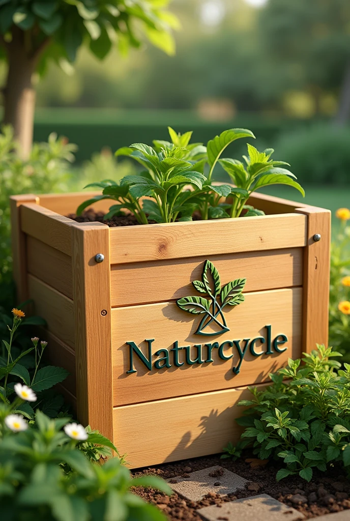  Natural wooden compost bin with plant logo and name naturcycle
