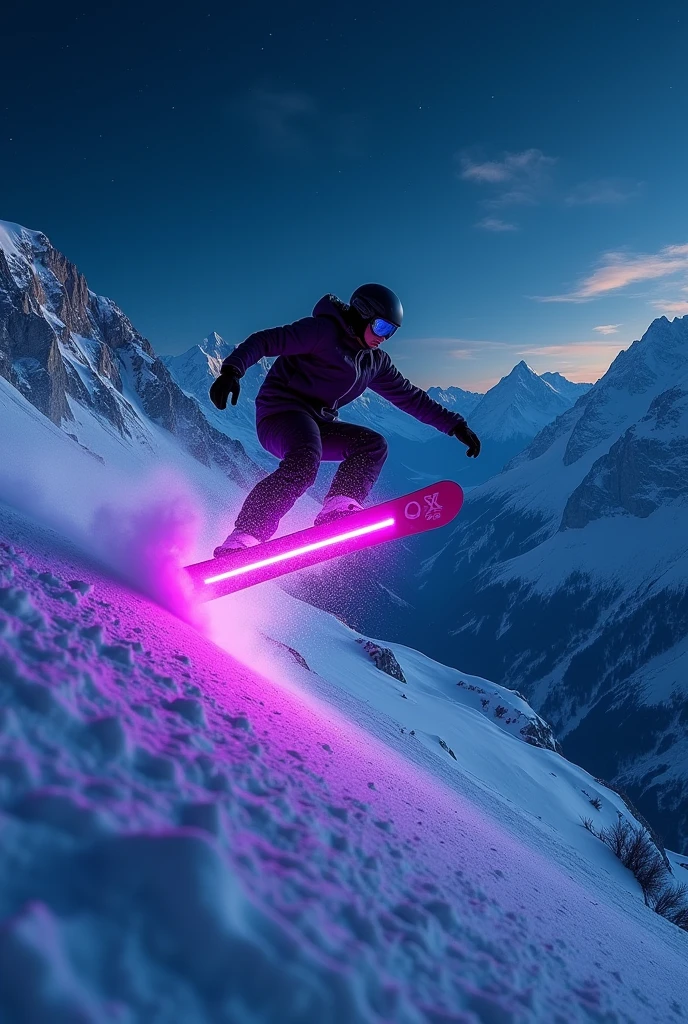 A snowboarder is riding down the slope and his snowboard has purple LEDs on the board and you have a view of the mountains and it is night he is jumping over a jump 