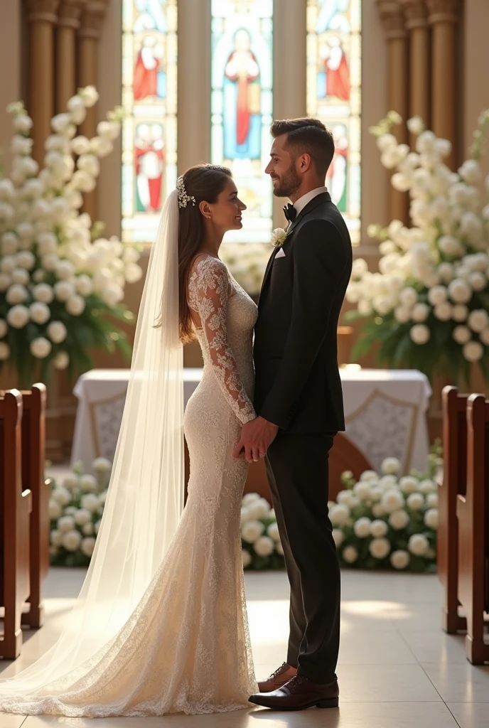 Church decorated with short dress and white flowers for wedding Bride's dress with long sleeves in lace, tight and shiny dress with sweetheart neckline and toothpick groom