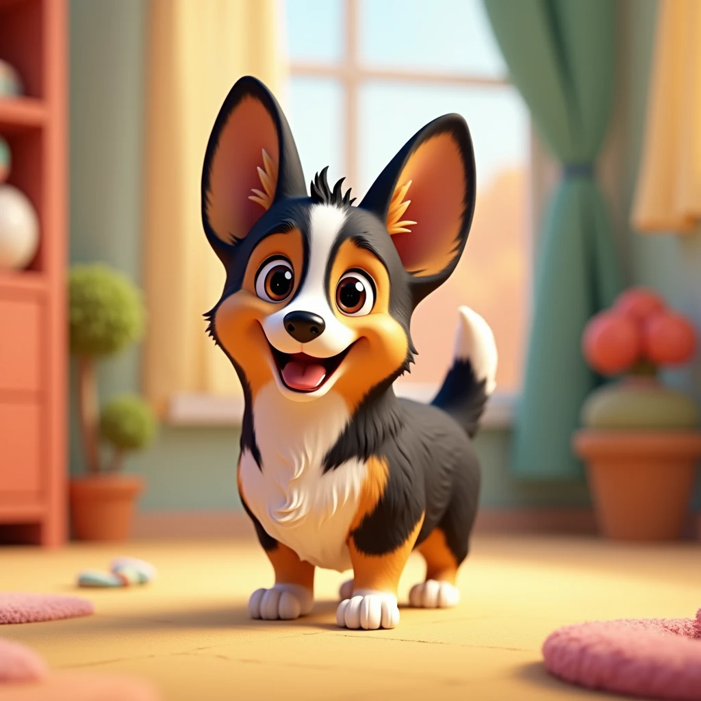 Tri-Color black head corgi, in the style of Pixar