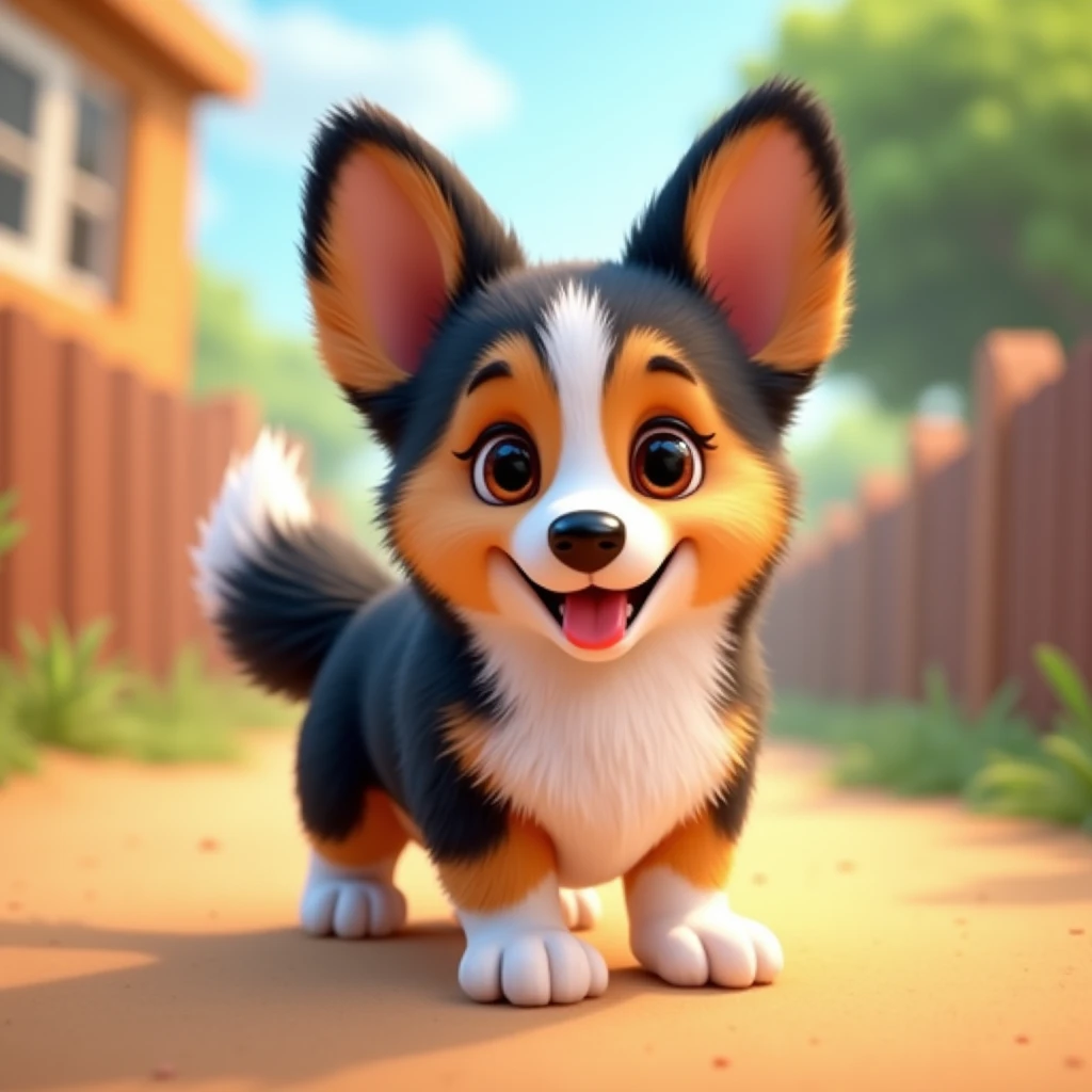 Tri-Color black head corgi, in the style of Pixar