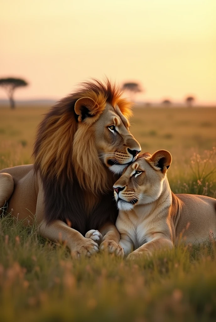 Ultra-realistic, high definition, 8K resolution, National Geographic style. A tender and affectionate scene of a lion and lioness in the African savanna, nuzzling each other lovingly. The lion is lying down with his head gently resting on the lioness, who is close to him, her eyes closed in contentment. Their manes and fur are detailed, showing the texture and warmth of their bodies in the soft light of the golden hour. The background features the serene savanna, with tall grasses swaying in a gentle breeze and a few acacia trees in the distance under a pastel-colored sky. The atmosphere is peaceful, capturing the bond and affection between the two majestic animals, with a focus on natural beauty and emotional connection.
